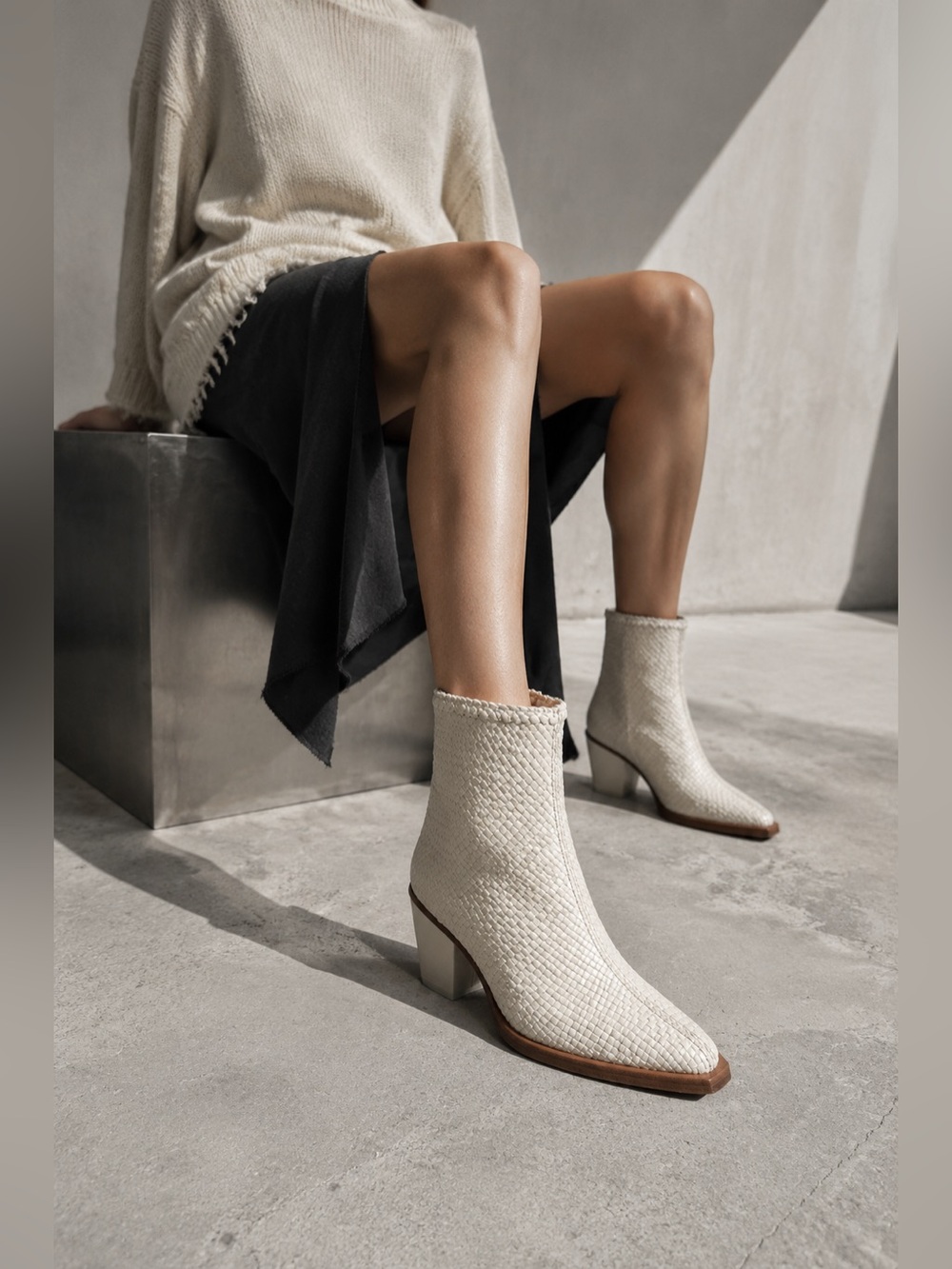 Miista Bondi Off White Woven Leather Western Ankle Boots Size US 7.5 $390